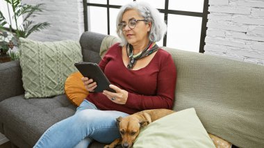 Gri saçlı bir kadın köpeğiyle evde oturur, rahat bir oturma odasında tablet okur..