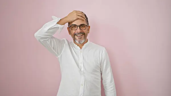Young Hispanic Grey Haired Man Standing Surprise Expression Isolated Pink — Stock Photo, Image