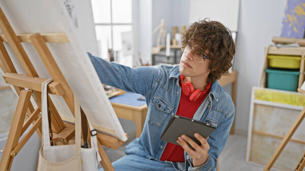 Young man with curly hair painting in a bright studio while holding a digital tablet and wearing headphones.