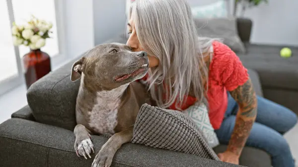 暖かい瞬間 灰色の髪のミドルエイジの女性は ホームソファーに一緒に座って 彼女の犬と愛するキスを共有しています — ストック写真