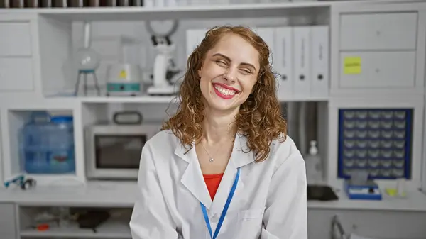 Confident young woman scientist, all smiles, masterfully navigating her lab amid a bustling day filled with medical research, technology and breakthroughs.