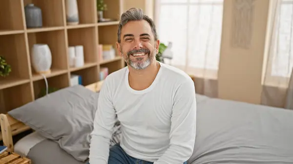 Confident Young Hispanic Man Grey Hair Smiling Brightly While Comfortably — Stock Photo, Image