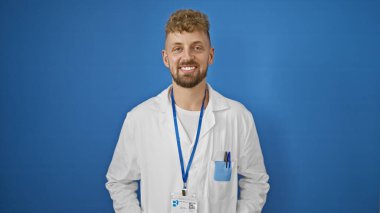 Beyaz, sakallı, mavi gözlü ve beyaz önlüklü bir genç, profesyonel sağlık çalışanını canlandırıyor..