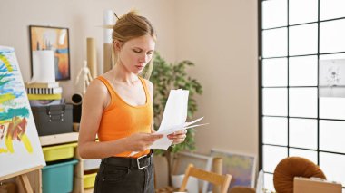 Beyaz tenli, sarışın bir kadın. Parlak bir sanat stüdyosunda gazete okuyor..