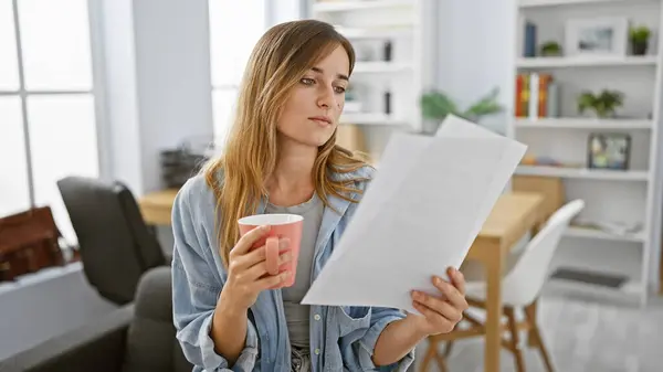 仕事で消費された若い金髪の女性の従業員は 彼女のオフィスで屋内で朝のエスプレッソを味わいながら重要なビジネス文書を読む — ストック写真