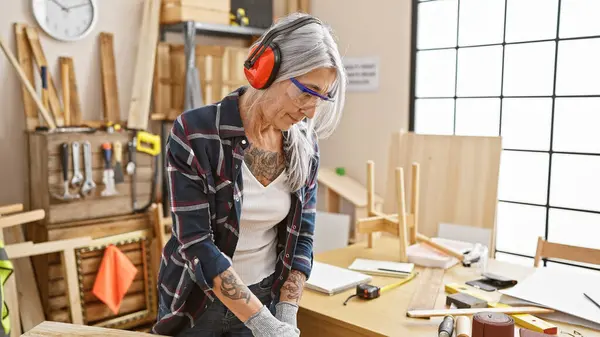 Serious Middle Age Grey Haired Woman Carpenter Working Industriously Donned — Stock Photo, Image