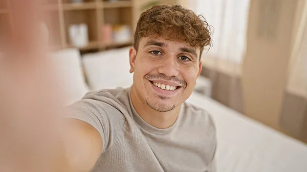 Young Hispanic Man Doing Video Call Sitting Bed Bedroom — Stock Photo, Image