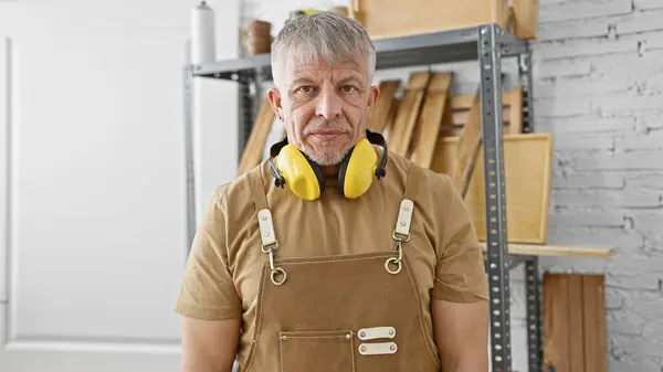 Senior Man Grey Hair Wearing Hearing Protection Stands Confidently Carpentry — Stock Photo, Image