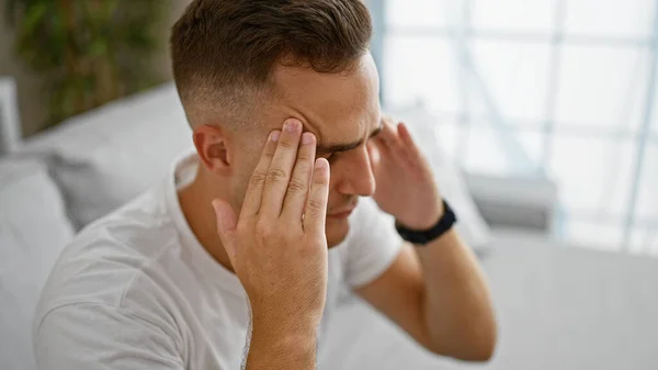 Stressed Young Man Home Touching His Forehead Illustrating Headache Worry — Stock Photo, Image