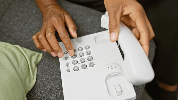 Close African Woman Hands Dialing White Landline Phone Indoors — Stock Photo, Image