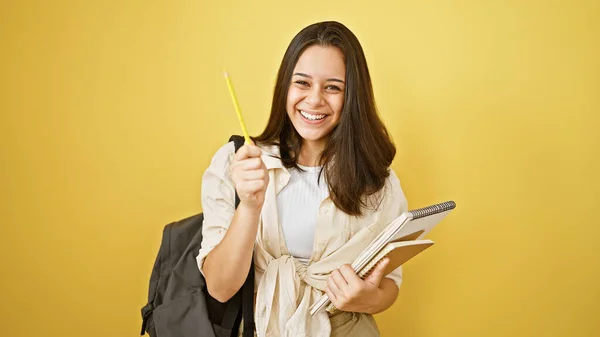 Smiling Young Beautiful Hispanic Woman Student Cool Confidence Book Hand — Stock Photo, Image