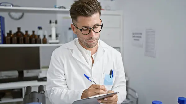 Handsome young hispanic man, charismatic scientist engrossed working, writing a research report in bustling chemistry lab, using a microscope and test tubes for a crucial medical experiment.