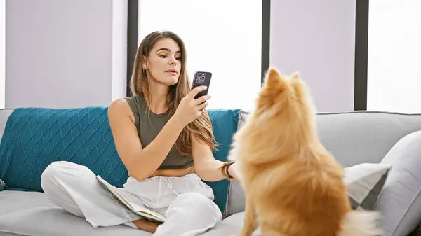 年轻的惊慌失措的女人一边用智能手机在家里沙发上为宠物狗拍了一张漂亮的室内画像 一边认真地笑着 — 图库照片