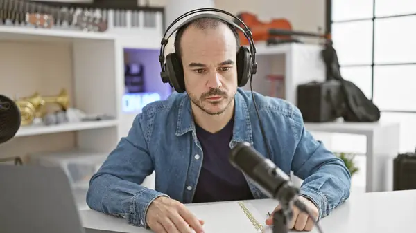 stock image A concentrated man wearing headphones speaks into a microphone in a well-lit music studio with instruments in the background.