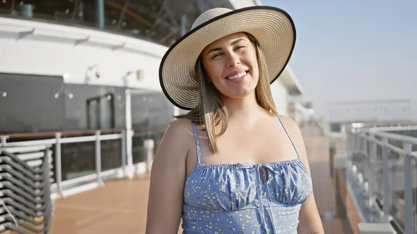 Güneş şapkalı gülümseyen bir kadın bir yolcu gemisinin güvertesinde okyanus zeminine karşı duruyor..