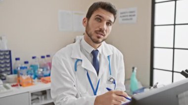 Beyaz labaratuar önlüklü yakışıklı adam bir kliniğin laboratuarında panoya yazı yazıyor.