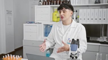 Modern bir laboratuarda mikroskop ve test tüpleriyle konuşan laboratuvar önlüklü bir adam..