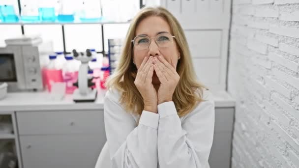 Bezczelna Blond Naukowiec Średnim Wieku Złapana Zabawny Skandal Laboratoryjny Pokryte — Wideo stockowe