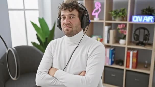 Stressed Young Hispanic Man Headphones Suffers Intense Headache Pain Radio — Stock Video