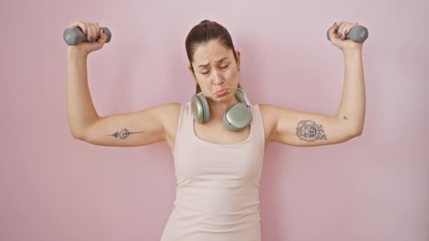 Młoda Kobieta Niebieskooka Zestresowana Ponura Odzieży Sportowej Słuchawki Uszach Podnoszenie — Wideo stockowe