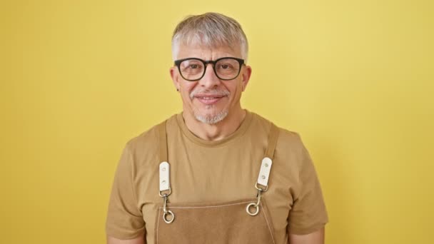 Cheery Grey Haired Man Glasses Sporting Apron Stands Yellow Isolated — Stock Video
