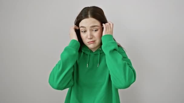 Pensive Young Woman Sweatshirt Arms Akimbo Lost Doubt Uncertain Question — Stock Video