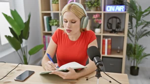 Fokuseret Blondine Kvinde Iført Hovedtelefoner Skriver Notesbog Radiostudie Setup Med – Stock-video