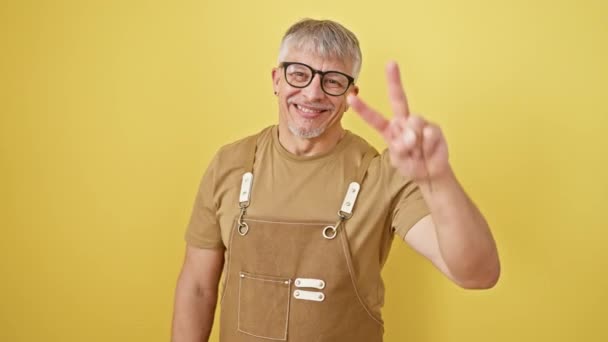 Wesoły Mężczyzna Średnim Wieku Siwe Ubrane Okulary Pozujący Zabawnie Znakiem — Wideo stockowe
