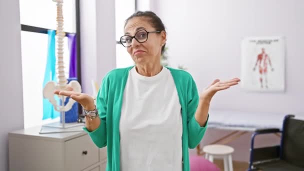 Furious Middle Aged Hispanic Physiotherapist Woman Rehab Clinic Screaming Loudly — Stock Video