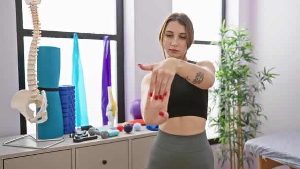Genç Bir Kadın Fizyoterapi Kliniğinde Egzersiz Malzemeleriyle Esneme Hareketleri Yapıyor — Stok video