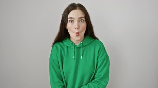 Gek Komisch Plezier Jonge Vrouw Sweater Doen Grappige Vis Gezicht — Stockvideo