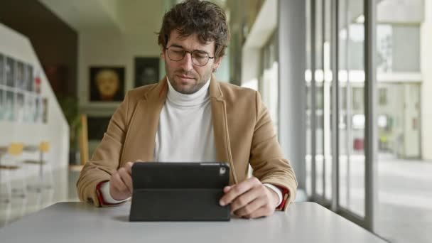 一个戴眼镜的苦思冥想者 在现代办公环境中使用平板电脑 体现了企业家精神和专业精神 — 图库视频影像