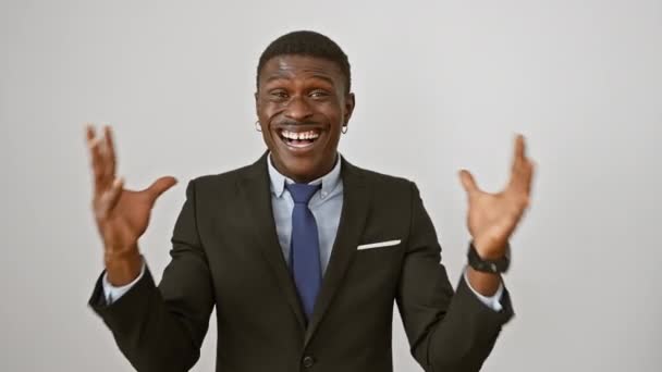 Excited African American Man Suit Celebrating His Win Success Arms — Stock Video