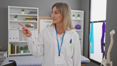 Rehabilitasyon kliniğindeki neşeli orta yaşlı fizyoterapist neşeli bir gülümsemeyle kendinden emin bir şekilde tarafını işaret ediyor.