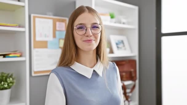 Confident Young Blonde Businesswoman Praying Forgiveness Hands Together Office Interior — Stock Video