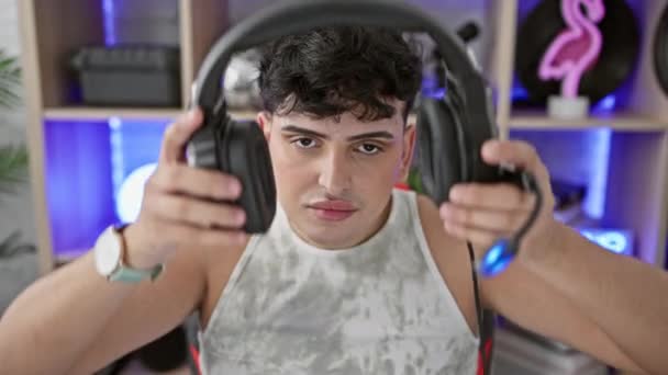 Seorang Pemuda Dengan Headphone Ruang Game Neon Lit Menyesuaikan Headset — Stok Video