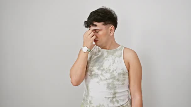 Lelah Pria Muda Menggosok Mata Merasa Lelah Dengan Stres Sakit — Stok Video