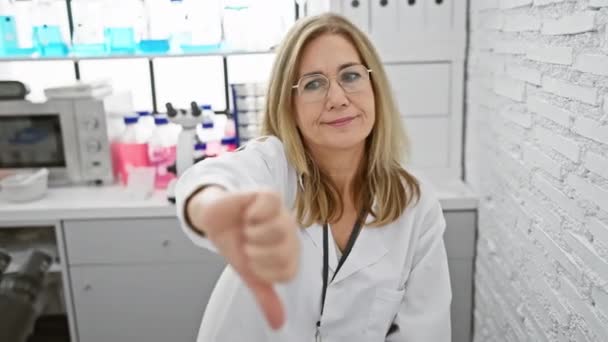 Mulher Loira Meia Idade Descontente Cientista Sentado Laboratório Mostrando Polegar — Vídeo de Stock