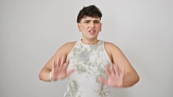Angry Young Man Sleeveless Shirt Waving Hands Frustrated Stop Gesture — Stock Video
