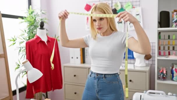 Junge Blonde Frau Freizeitkleidung Steht Selbstbewusst Einer Schneiderei Umgeben Von — Stockvideo