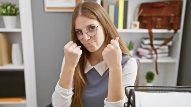 Sofistikerad Kampsport Jobbet Ung Blond Kvinnlig Företagare Redo Att Bekämpa — Stockvideo