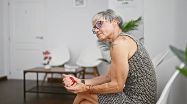 Orta yaşlı İspanyol kadın, kısa gri saçlı, modern kapalı bir lobide stres topu sıkıyor..