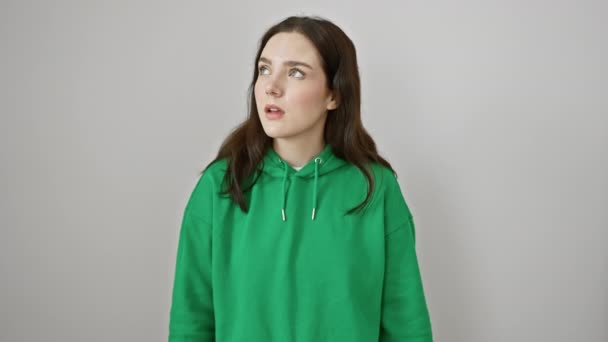 Worried Young Woman Wearing Sweatshirt Standing Isolated Scrutinizing Time Her — Stock Video