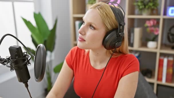 Молодая Блондинка Наушниках Говорит Студийный Микрофон Помещении — стоковое видео