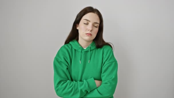 Depressive Junge Frau Sweatshirt Gestikuliert Selbstmord Mit Dem Finger Auf — Stockvideo