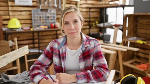 Cara Engraçada Jovem Loira Carpinteiro Mulher Sentada Mesa Bochechas Inchadas — Vídeo de Stock