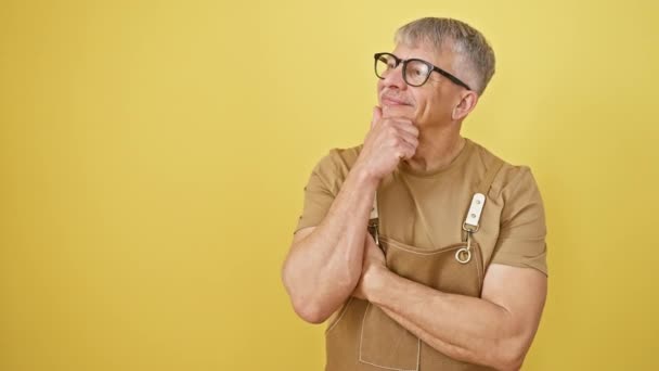 Hombre Pelo Gris Mediana Edad Gafas Delantal Mano Sobre Barbilla — Vídeo de stock