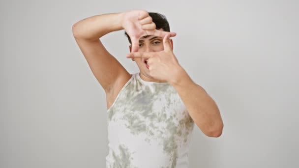 Cheerful Young Man Sleeveless Shirt Creates Frame His Fingers Standing — Stock Video