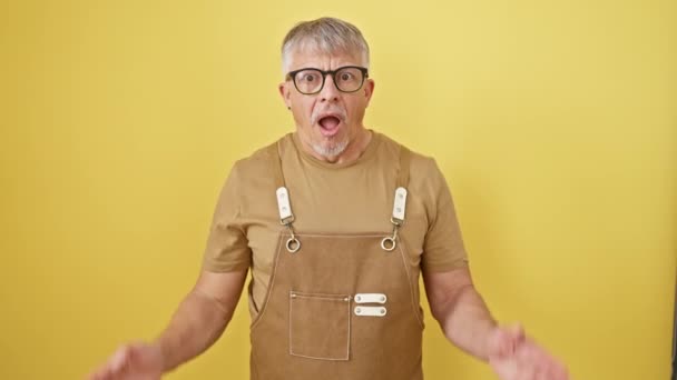 Shocked Middle Age Grey Haired Man Wearing Glasses Apron Standing — Stock Video