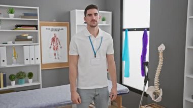 Beyaz polo tişörtlü, kolları bağlı, kendine güvenen genç bir İspanyol, fizik tedavi kliniğinde duruyor..